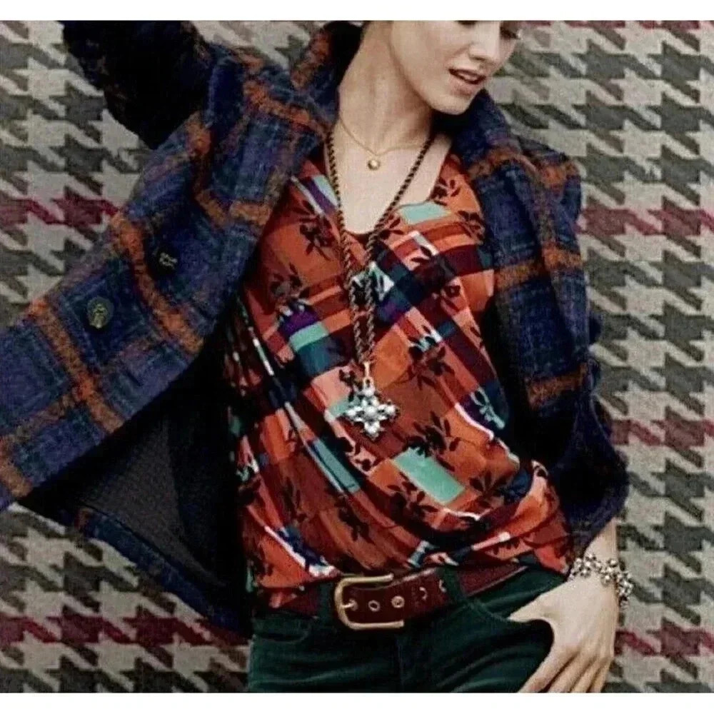 CAbi Top Set Womens S Brown Orange Blue Floral Plaid Chiffon Relaxed Tunic Cami